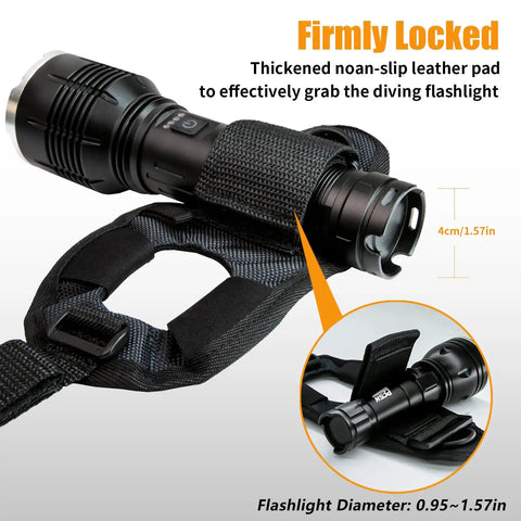 Hands Free Dive Light Wrist Mount Glove With Adjustable Velcro Strap And Neoprene Sleeve For A Secure Grip shown with flashlight