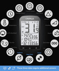 Display of GPS Bike Computer With ANT+ Wireless, Waterproof Speedometer and Odometer, showing metrics on a backlit LCD.