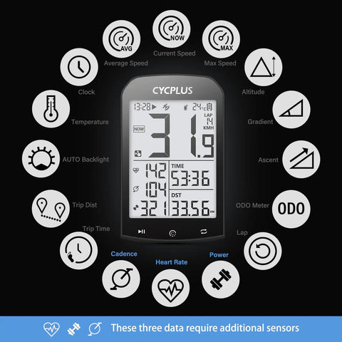 Display of GPS Bike Computer With ANT+ Wireless, Waterproof Speedometer and Odometer, showing metrics on a backlit LCD.