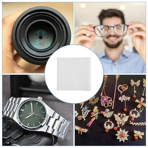 Top Shelf Reusable White Microfiber Cleaning Cloth For Eyeglasses And Camera Lenses Ultrafine Cleanroom Grade Polish Kicks Grease Away Without Streaks Amazing For Laptop Screen Junkies And Optics Geeks displayed with eyewear, camera lens, watch, and jewelry.