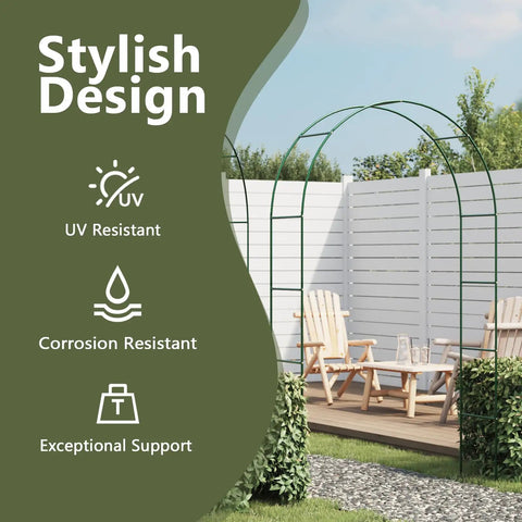 Two Pack Beefy Heavy Duty Metal Garden Arch Trellis For Climbing Plants Roses And Vines, Rustproof Outdoor Archway with chairs