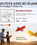 Couple observing A300 4 Channel RC Plane with Beechcraft D 17 Style Lights flying at sunset, showcasing brushless motor specs.