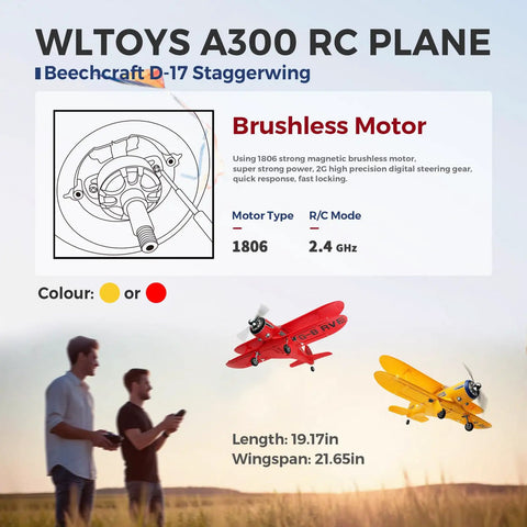 Couple observing A300 4 Channel RC Plane with Beechcraft D 17 Style Lights flying at sunset, showcasing brushless motor specs.