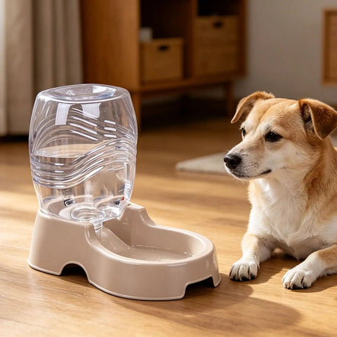 Set It And Forget It Gravity Pet Waterer Keeps Your Pooch Fully Hydrated With Large Capacity Plastic Bowl Featuring Non Slip Base And Whisper Quiet Auto Refill For Dogs And Cats In Beige next to a dog.