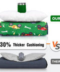 Comparison of detachable toddler nap mat with pillow and blanket against other, highlighting 30% thicker cushioning.