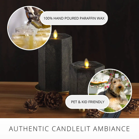 Hexagon Flameless Moving Flame Pillar Candles Set Of 2 In Chalky Black Finish Unscented Real Wax on a wooden table with pinecones