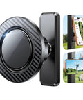 MagSafe Compatible Golf Cart Phone Holder Mount With Ultra Strong Magnets shown with phones attached on metal surfaces in different views