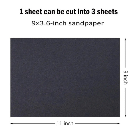 Assorted Grit Sandpaper Kit 120 To 5000 For Wood Furniture Metal Auto Polishing 9 By 11 Inches 36 Sheets Wet Or Dry Sanding With Waterproof Silicon Carbide For DIYers Pro Grade Consistent Grit Distribution, showing dimensions of 9 by 11 inches.