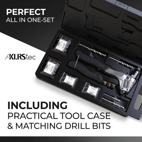 Pro Rivet Gun Kit With 120 Pop Rivets And 4 HSS Drills For Quick, Easy Blind Rivet Fixes, tool case with drill bits and compartments