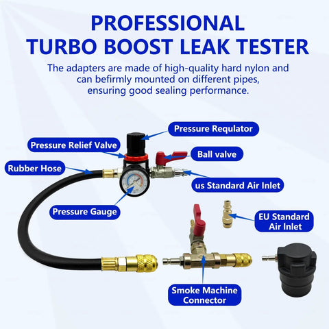 ZKTOOL 19-piece turbo boost leak tester kit with 8 stepped adapters, gauge, regulator, valves, hose, air inlets.