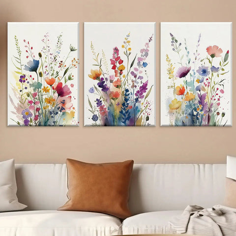 Fresh Wildflower Wall Panels Dope Sound Absorbing High Density Fiberboard Home Decor Three Piece Set Vivid UV Printing Room Accent above a sofa.