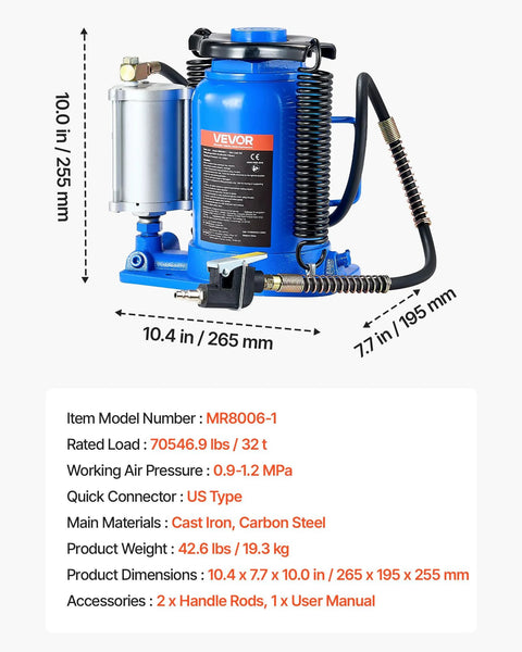VEVOR blue air hydraulic bottle jack with coil hose, 32-ton capacity