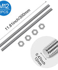 Two M12 stainless steel fully threaded rods with five hex nuts, 300 mm long (11.8 in)