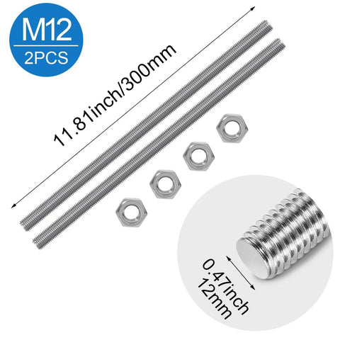 Two M12 stainless steel fully threaded rods with five hex nuts, 300 mm long (11.8 in)
