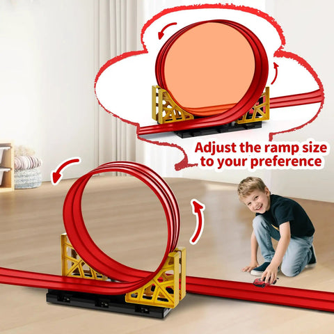 16 Ft Flexible Race Track With Suction Cups for Diecast 1 64th Cars in loop shape with boy playing indoors