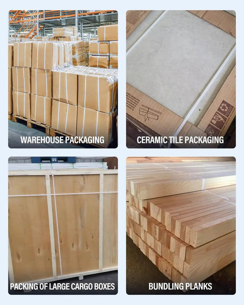 Heavy Duty Strapping Dispenser Cart With Fifty Packing Buckles And Solid Emergency Brake, Welded Steel Pallet Wrapping Trolley in warehouse with packaged boxes.