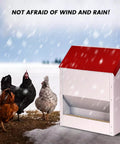 Heavy Duty Galvanized Wall Mount Chicken Feeder Designed To Kickstart Your Flock with red lid, outdoor use in snowy conditions.