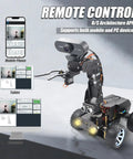 PiCar Pro V2 Robot Car Kit With 4 DOF Robotic Arm For Raspberry Pi 5 4 3 Obstacle Avoidance Line Tracking OpenCV Vision Smart Coding Build shown with remote control app on phone, tablet, and computer.