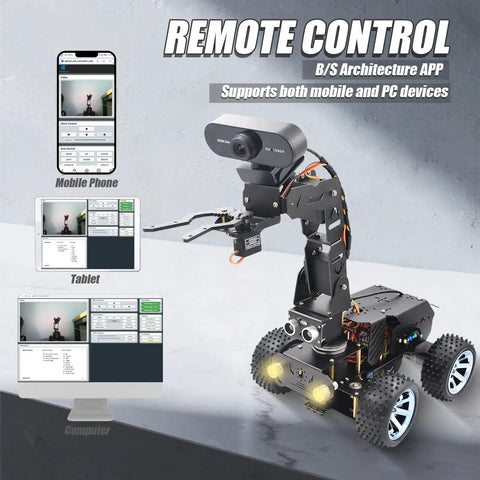 PiCar Pro V2 Robot Car Kit With 4 DOF Robotic Arm For Raspberry Pi 5 4 3 Obstacle Avoidance Line Tracking OpenCV Vision Smart Coding Build shown with remote control app on phone, tablet, and computer.
