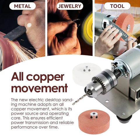 Compact Electric Bench Sander With Adjustable Speed Polisher And Knife Sharpener showing all copper motor and tool use.