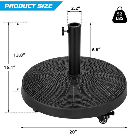 Beefy 52 Pound Heavy Duty Umbrella Base With Brakeable Wheels For Outdoor Use Fits Market Umbrellas Resin Patio Stand Black