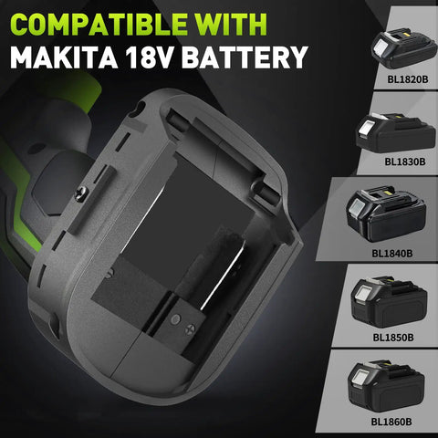 Cordless Half Inch Impact Wrench With 1200 Nm High Torque, battery compatibility with Makita 18V shown