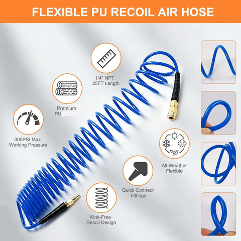 Coiled Air Hose One Quarter Inch Fits Air Compressors For Tire Inflation Auto Repair Work Spring Design Stops Tangles Keeps Workspace Clean Handles High Pressure Pneumatic Tools Like A Boss For Pros Who Hate Mess And Want Solid Gear That Never Fails Ever. Blue 1/4 inch PU hose, 25 ft, 300 PSI