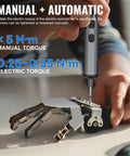 Mini Electric Screwdriver 3.7V Cordless Precision Set in use on robotic hand, showcasing manual and electric torque values.
