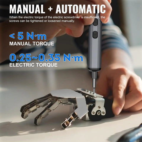 Mini Electric Screwdriver 3.7V Cordless Precision Set in use on robotic hand, showcasing manual and electric torque values.