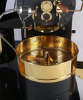 Close-up of Commercial Drum Coffee Roaster Machine With Digital Temperature Control And Rapid Cooling System, golden drum focus