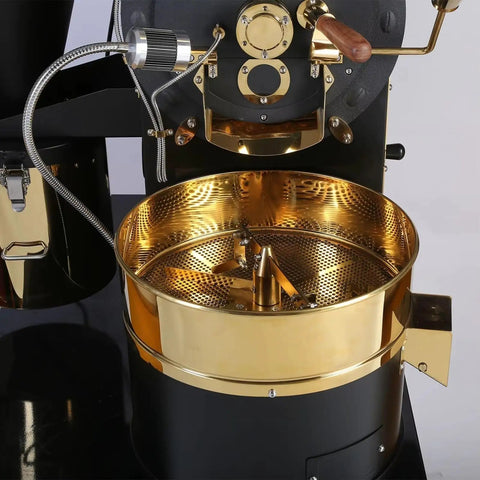 Close-up of Commercial Drum Coffee Roaster Machine With Digital Temperature Control And Rapid Cooling System, golden drum focus