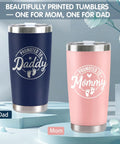 Celebrate The Freshly Minted Arrival Of New Mama And Papa With This Awesome Gift Set For Couples Featuring Matching Tumblers Paired With A Warm Cozy Candle Perfect For Baby Showers First Fathers Day And Parenting Squad Celebrations. Beautifully printed tumblers for mom and dad in pink and navy.