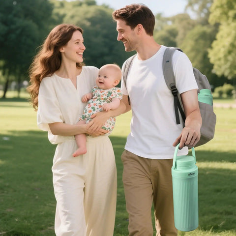 Couple with baby outdoors, holding Totally Clutch Game Changer Portable Breast Milk Cooler With 360 Degree Chill Tech.