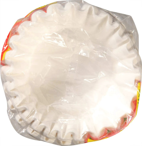 Pack of Junior Basket Coffee Filters White 100 Count For Four To Six Cup Makers shown in plastic packaging, top view