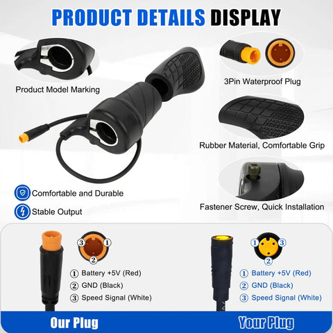 Half Twist E Bike Throttle Grip For 12V To 72V Systems Waterproof 3 Pin Connector 22.5mm Handlebar Replacement details