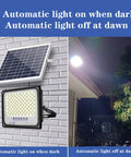 JUDYSSY Solar Flood Light 500W800W1000W with solar panel, showcasing automatic light function for outdoor use.