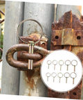 10 Piece Heavy Duty Lynch Pin Set With Spring Loaded Ring Locking Pins For Trailer Hitches And Farm Equipment Industrial Grade Retaining Pins To Secure Attachments On Tractors And UTVs, shown locking a rusty gate chain