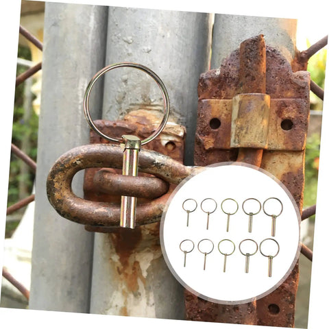 10 Piece Heavy Duty Lynch Pin Set With Spring Loaded Ring Locking Pins For Trailer Hitches And Farm Equipment Industrial Grade Retaining Pins To Secure Attachments On Tractors And UTVs, shown locking a rusty gate chain