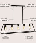 Oil Rubbed Bronze 38 Inch 5-Light Farmhouse Linear Pendant for Kitchen Island, adjustable iron vintage chandelier front view.