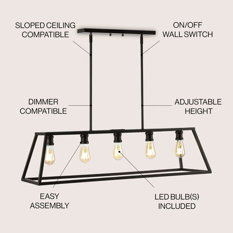 Oil Rubbed Bronze 38 Inch 5-Light Farmhouse Linear Pendant for Kitchen Island, adjustable iron vintage chandelier front view.