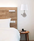 Swing Arm Wall Sconce Light With Plug In Or Hardwired Mount, Brushed Nickel Wall Lamp for nightstand beside bed.