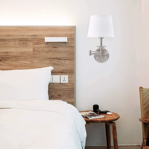 Swing Arm Wall Sconce Light With Plug In Or Hardwired Mount, Brushed Nickel Wall Lamp for nightstand beside bed.