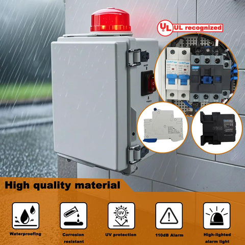 Upgraded Septic Control Panel With Alarm And Float Switch 110 dB Audible With Flashing Lights pump panel, gray IP67 enclosure, outdoor use