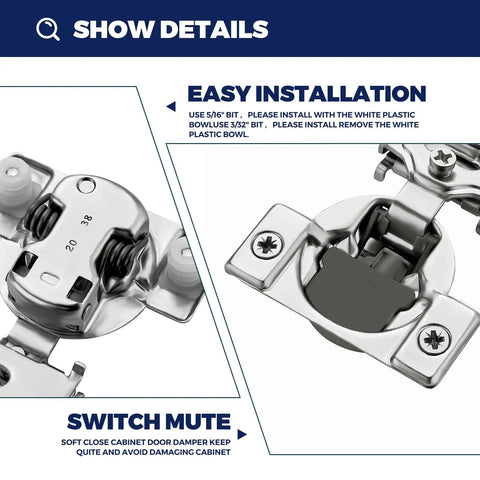 20 Pack 10 Pairs Three Quarter Inch Overlay Satin Nickel Soft Close Cabinet Hinges With No Fuss Installation And Smooth As Butter Swing Action For Quick Home Refresh Projects close-up view of soft close hinge showing installation details and damper feature.