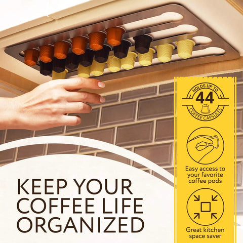 Under Cabinet Coffee Pod Holder For Nespresso Original Line Dope 44 Pods with hand accessing capsules