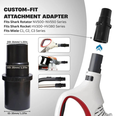 Universal Vacuum Hose Adapter Kit With Three Reducers shown with size details and compatible vacuums for easy connection.