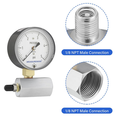 Front view MEASUREMAN diaphragm-type low-pressure gauge with valve, 2-1/2 dial, 0–5 psi, chrome body, 3/4 FNPT inlet