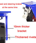 Heavy Duty Rubber Castor Wheels With Lock Brakes Chunky Steel Swivel Casters showing 10mm thicker bracket and locking mechanism.