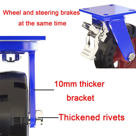 Heavy Duty Industrial Caster Wheels Set Of Four Featuring Silent Shock Absorbing Rubber Treads And Reinforced Steel Plates with locking brakes details.