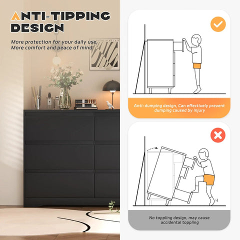 Black Modern 3 Drawer Dresser For Bedroom And Living Room with anti-tipping design features, preventing accidental toppling.